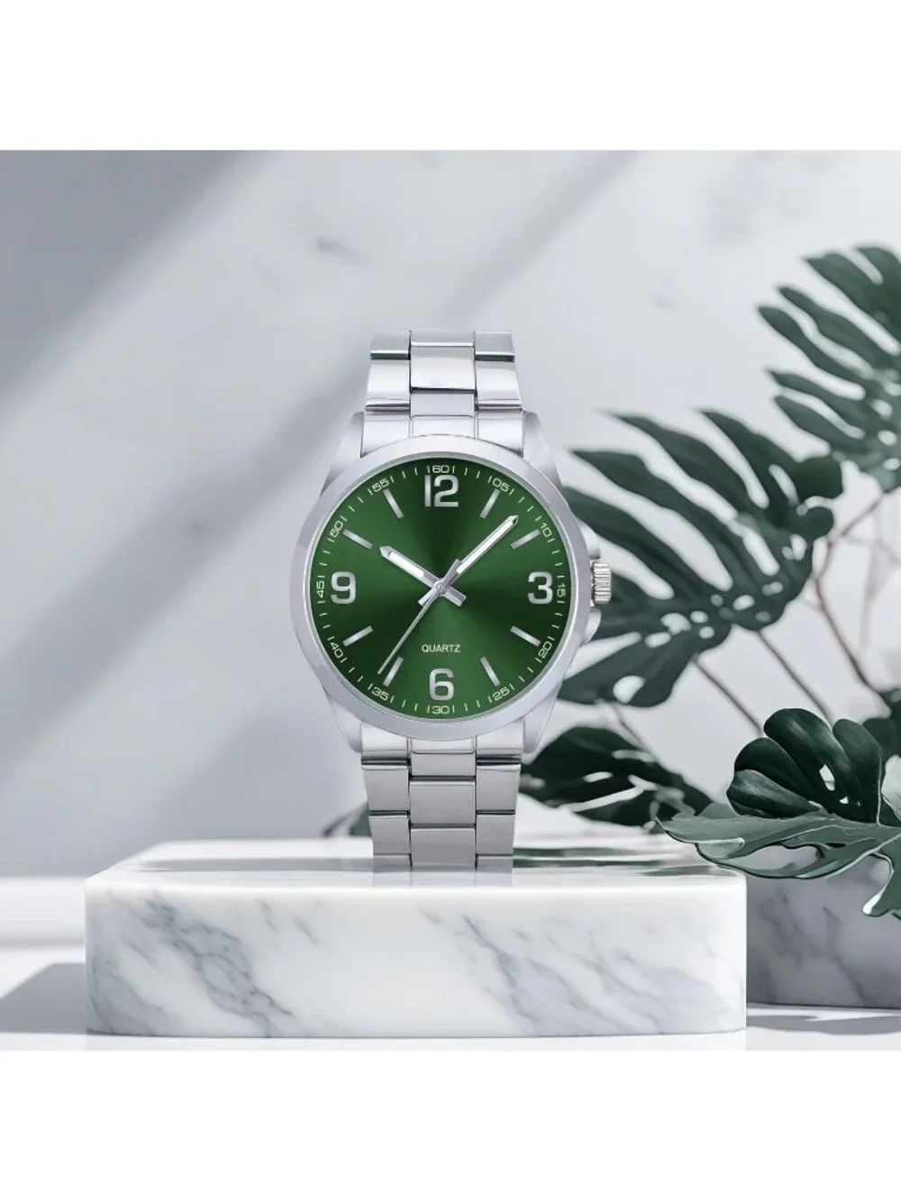 Men's Silver And Green Analog Stainless Steel Case Arabic Numerals Classic Watch
